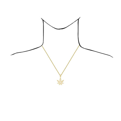 14K Gold Over Sterling Silver CZ Pave Marijuana Hemp Pendant 1.8"