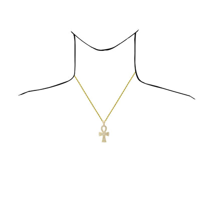10K Yellow Gold Created Diamond Egyptian Ankh Cross Pendant 2"