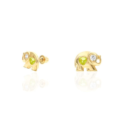 14k Yellow Gold Heart Birthstone Elephant Screw Back Stud Earrings
