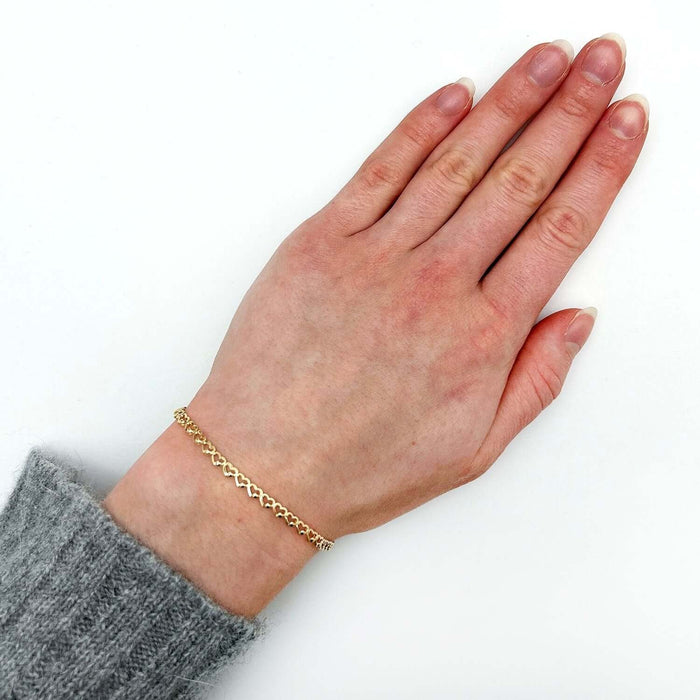 14K Yellow Gold 3.2mm Hearts Charm Link Bracelet (Hollow) 7" - WJD Exclusives