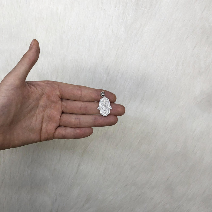 14K White Gold Rose 4CTW CZ Hamsa Evil Eye Pendant 1.1”