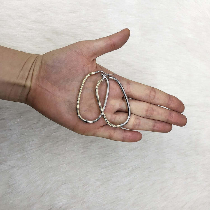 Yellow White Gold Over 925 Silver Shiny Half Twisted Flat Oval Hoop Earrings