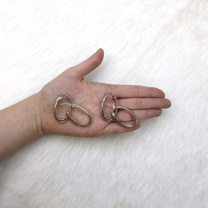 Yellow Rose White Gold Two-Tone Over 925 Silver Shiny Double Oval Hoop Earrings