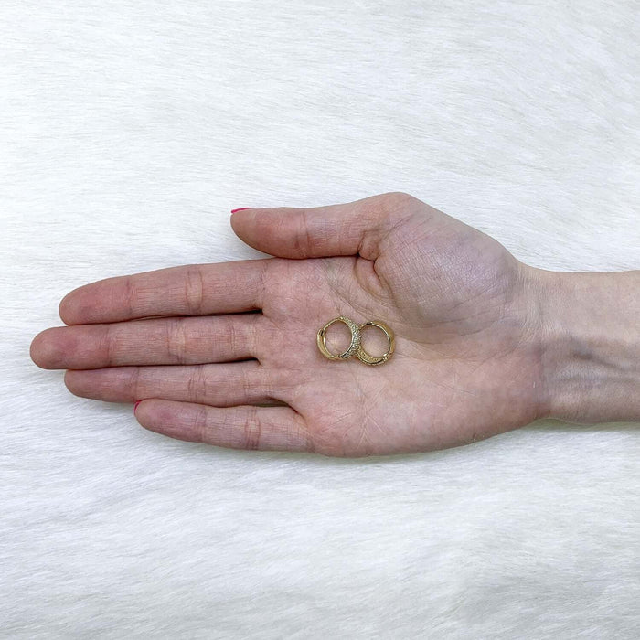 14K Yellow Gold Prong Set Three Rows CZ Huggie Hoop Earrings 15mm