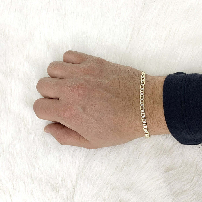 14K Yellow Gold Over Silver 4.4mm Diamond-Cut Pave Mariner Anchor Bracelet (Solid Links) 7"-9"