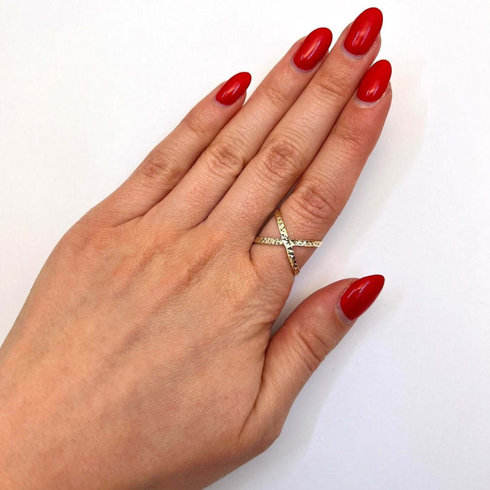14K Gold Diamond - Cut Astronomical X Shaped Criss Cross Ring - WJD Exclusives