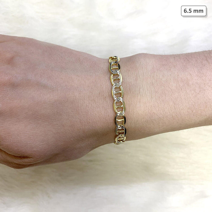 14K Yellow Gold Over Silver Diamond-Cut Pave Mariner Anchor Bracelet (Solid Links) 8.5"