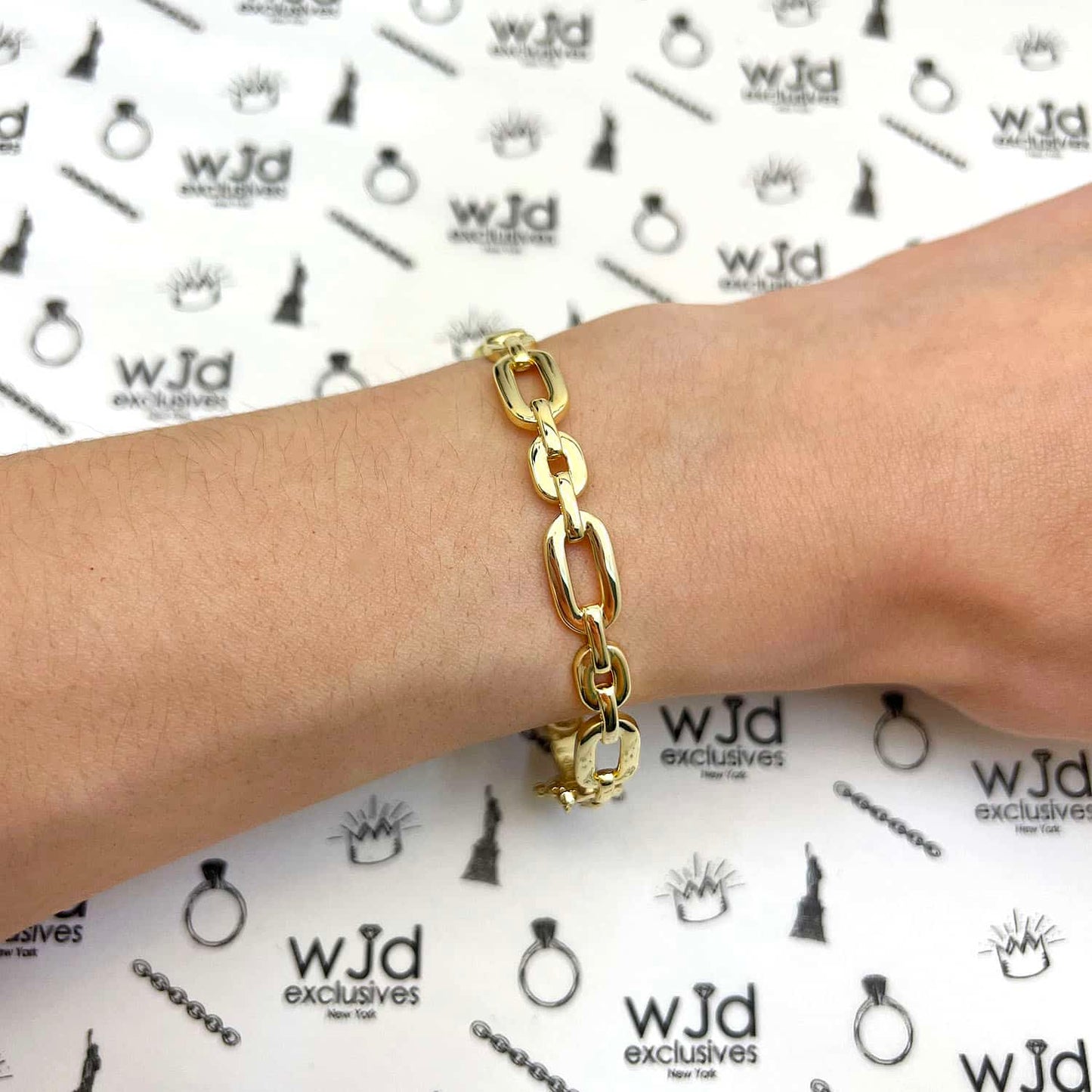 18K Yellow & White Gold Over Sterling Silver 8mm Flat Oval Link Bangle Bracelet