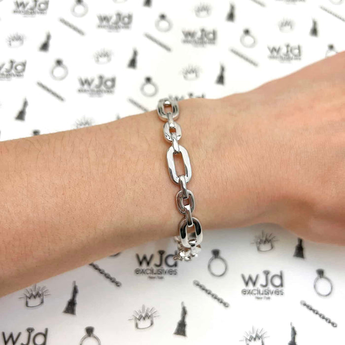 18K Yellow & White Gold Over Sterling Silver 8mm Flat Oval Link Bangle Bracelet (Solid Links) - WJD Exclusives
