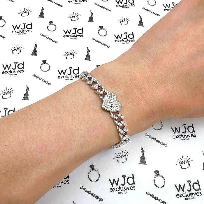 18K White Gold Over Silver CZ 6mm Pave Heart Miami Bracelet (Solid Links) 7.5" - 8" - WJD Exclusives
