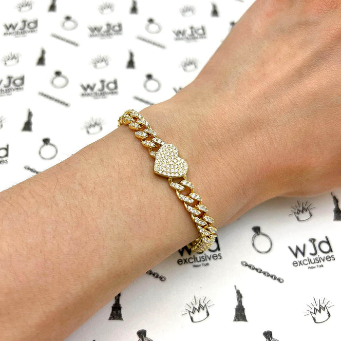18K Yellow Gold Over Silver CZ 6mm Pave Heart Miami Bracelet (Solid Links) 7" - 8" - WJD Exclusives