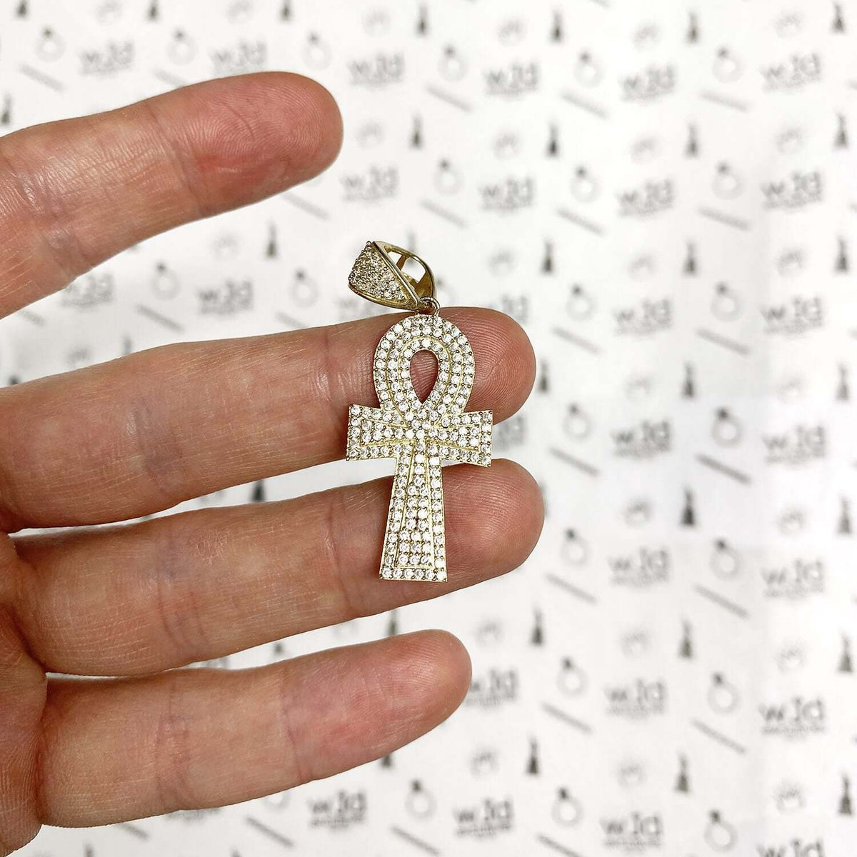 10K Gold 6CTW CZ Encrusted Ankh Cross Egyptian Pendant 1.7"