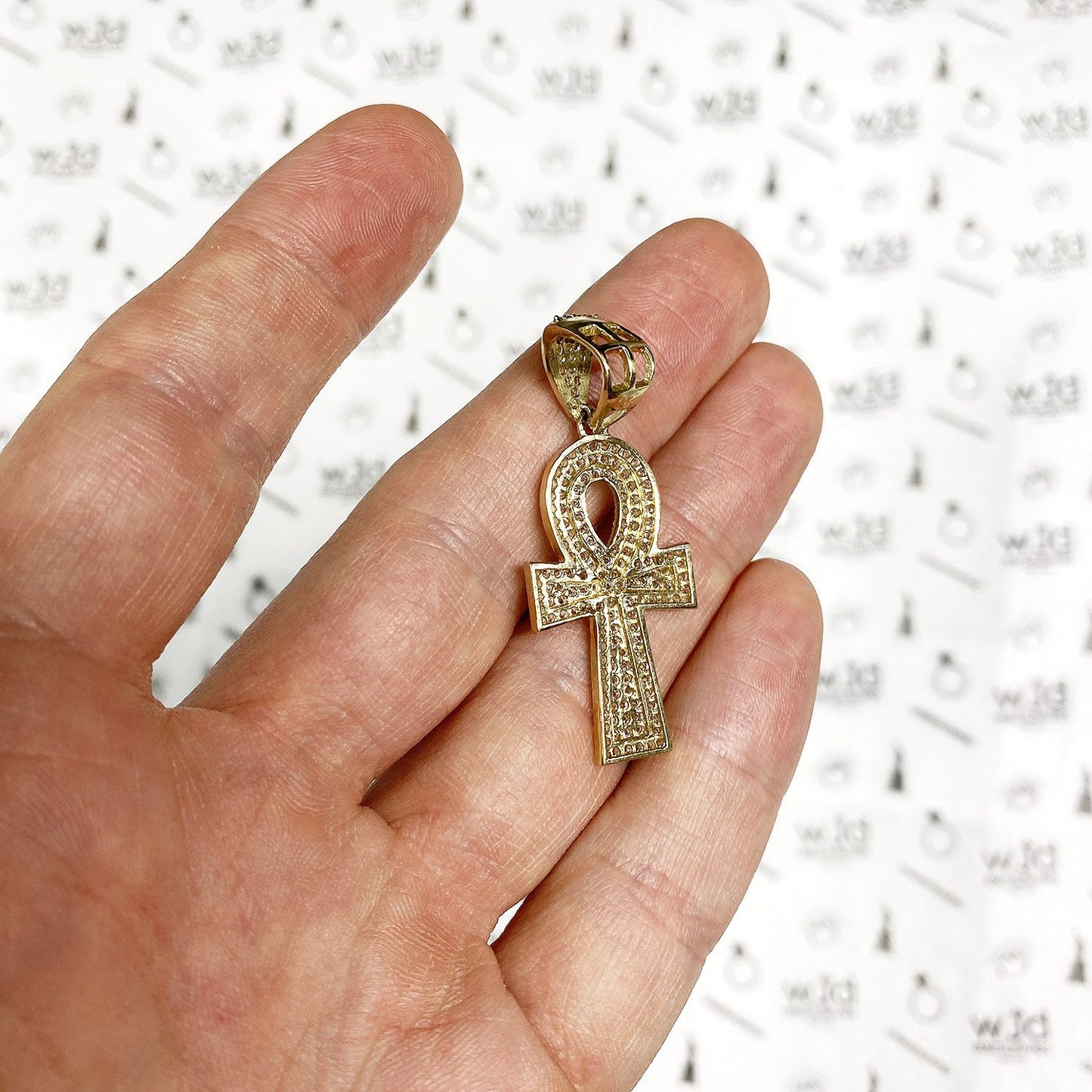 10K Real Gold 6CTW CZ Encrusted Ankh Cross Egyptian Pendant 1.7"