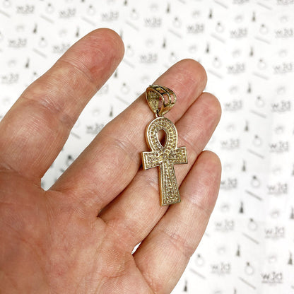 10K Real Gold 6CTW CZ Encrusted Ankh Cross Egyptian Pendant 1.7"