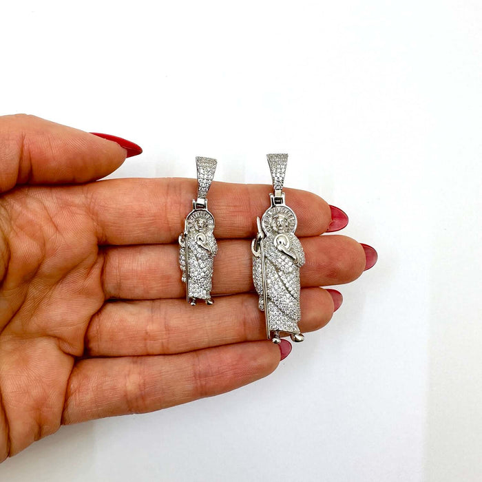 18K White Gold Over Silver CZ Pave Religious St. Jude Pendant - WJD Exclusives