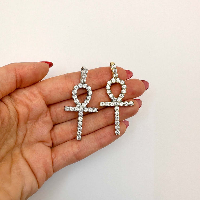 18K Gold Yellow White Over Silver CZ Ankh Cross Pendant 2" - WJD Exclusives