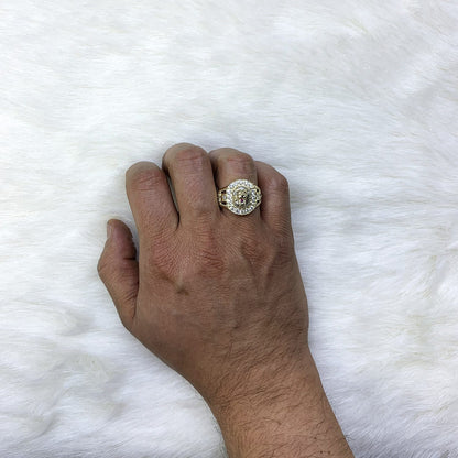 14K Gold Yellow CZ and Ruby Lion Face Signet Ring