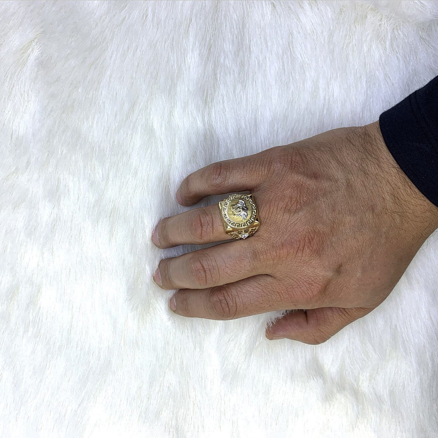 14K Two Tone Yellow White Gold Medusa Head Style Signet Ring