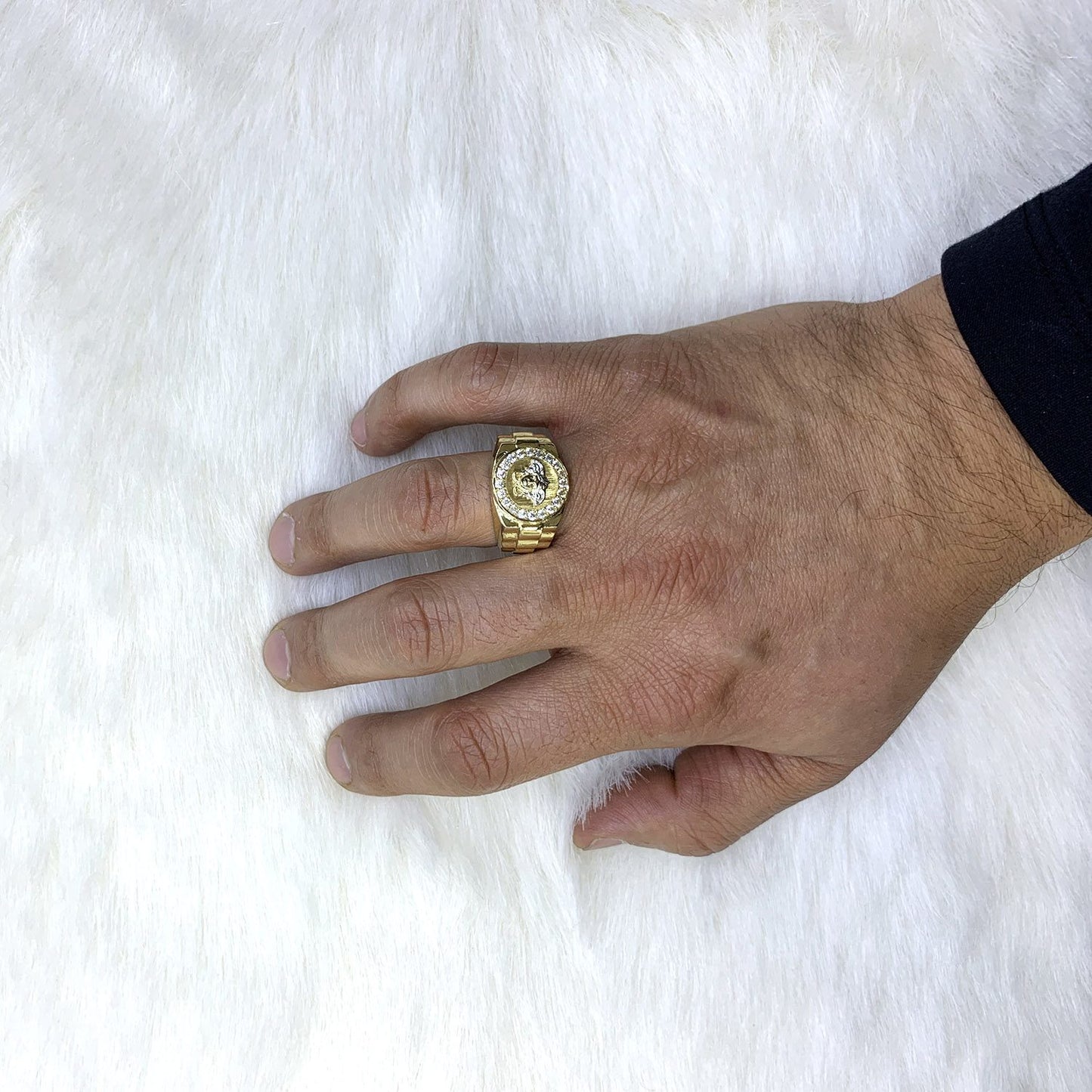 14K Gold Yellow CZ Medusa Head Jubilee Signet Mens Ring