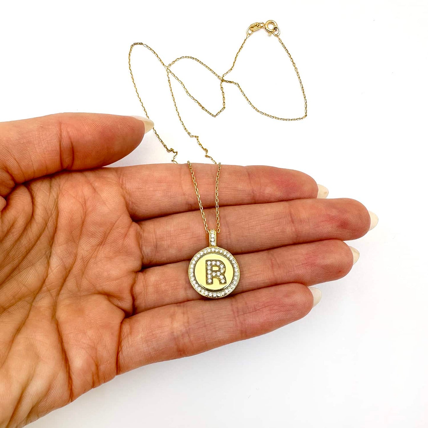 18K Yellow Gold Over Silver CZ Round Initial Pendant Necklace 18"