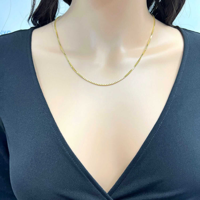 18K Yellow Gold Over Sterling Silver 1.5mm Box Chain (Solid Links) 16" - 24" - WJD Exclusives
