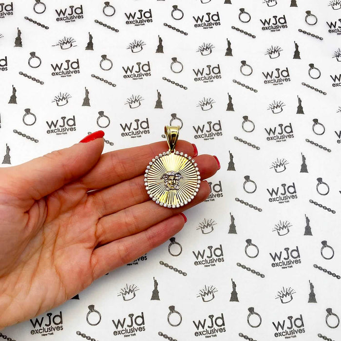 10K Yellow Gold CZ Medusa Head Round Medallion Pendant 1.77"