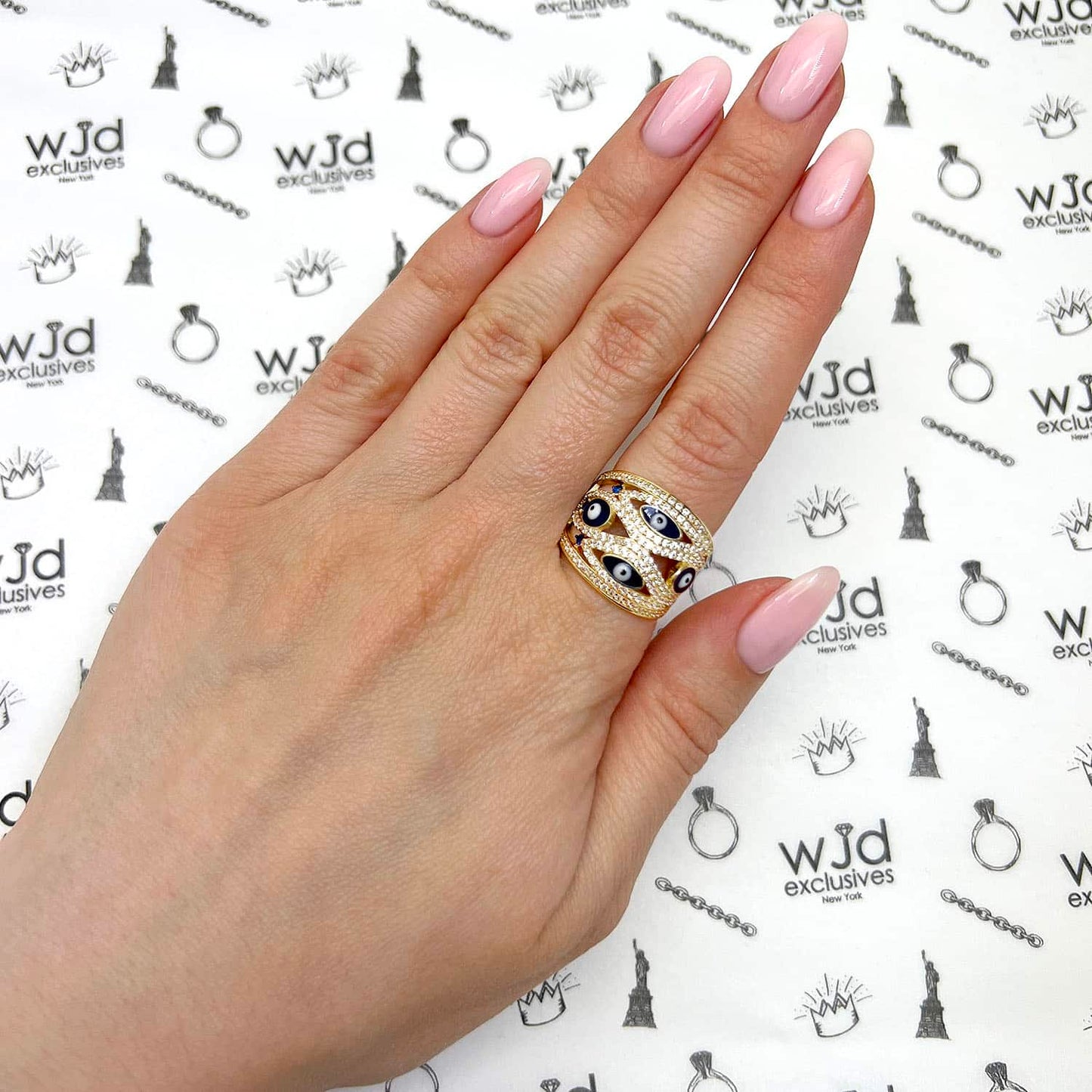 14K Gold Yellow CZ Multiple Evil Eye Dome Cocktail Ring