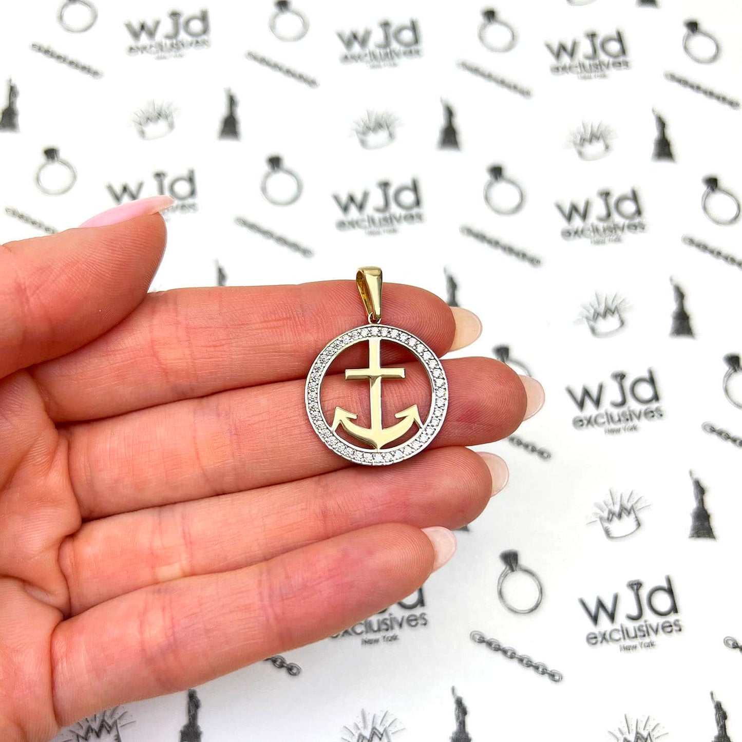 14K Yellow Gold CZ Round Frame Anchor Pendant 1.15"