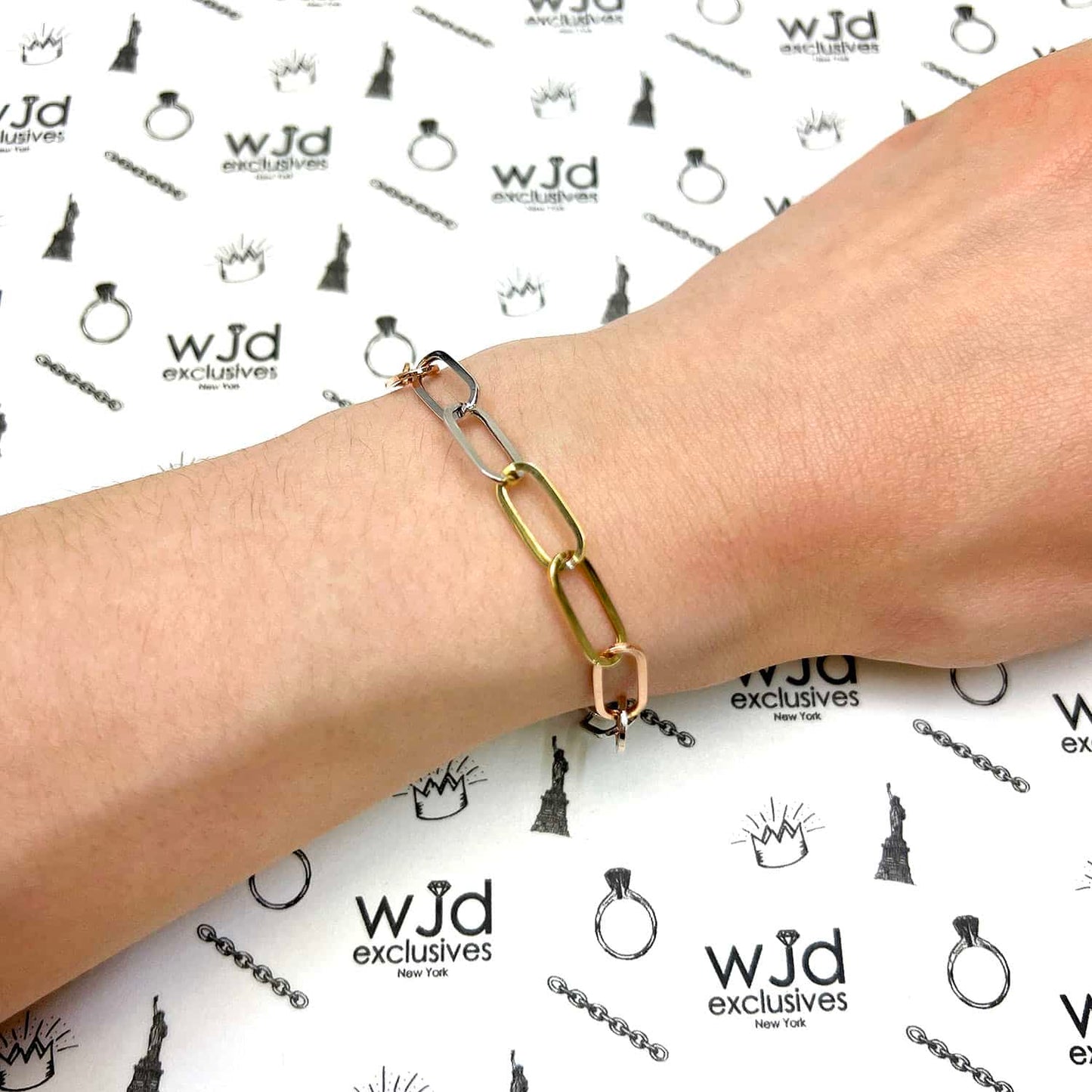 14K Gold Tri-Color Yellow White Rose Color 6mm Paperclip Bracelet 8"