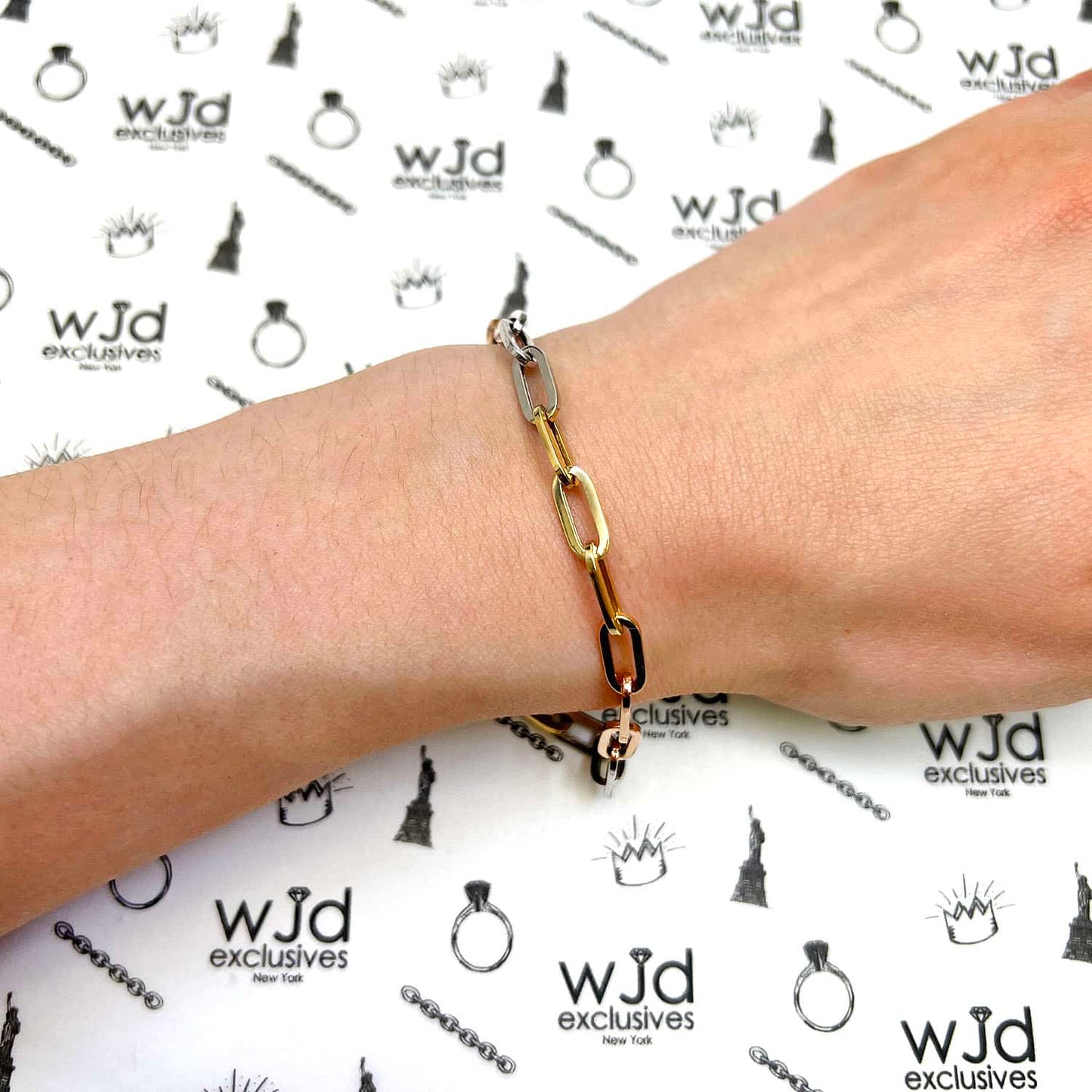 14K Gold Tri-Color Yellow White Rose Color 5mm Paperclip Bracelet 8"
