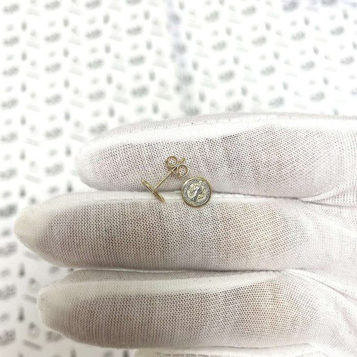 14K Yellow Gold 8mm Round Religious St.Benedict Sentia Mvniamvr Stud Earrings