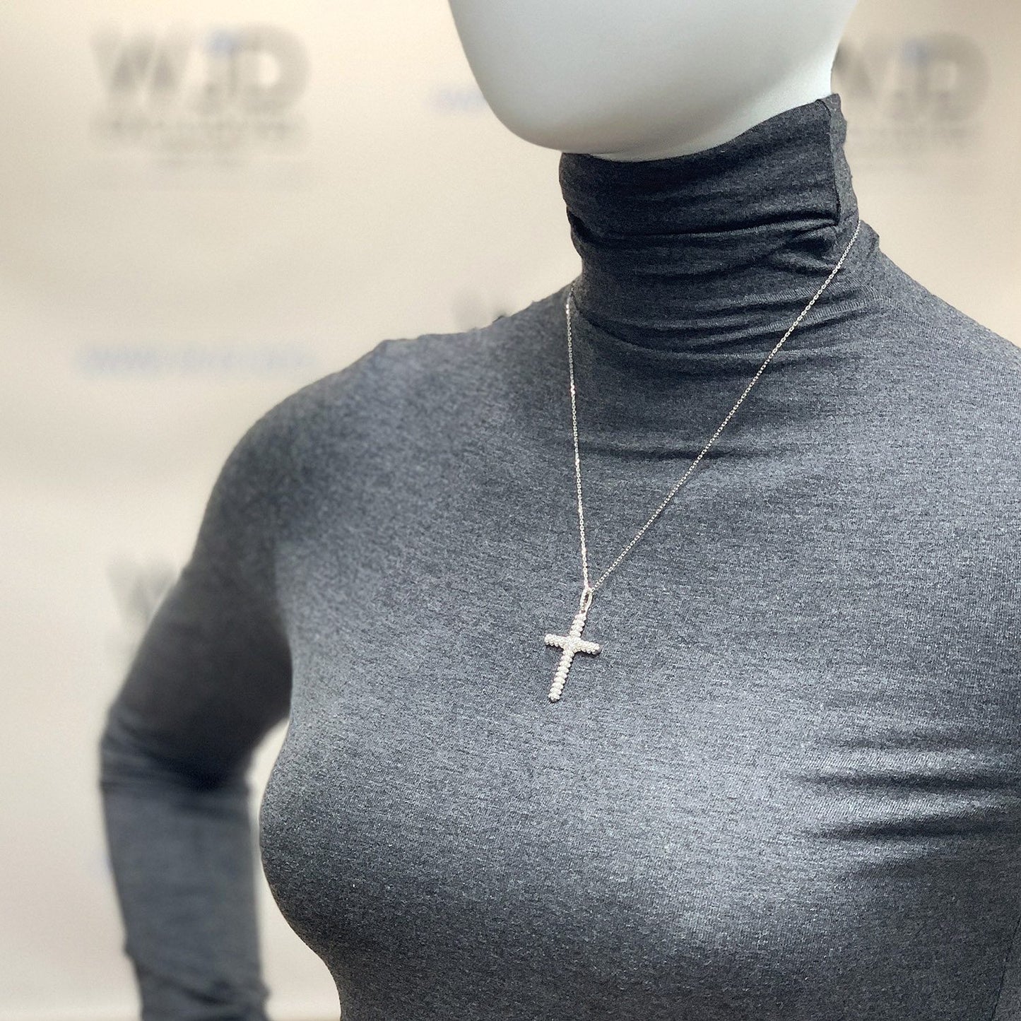 White Gold Over Silver Zirconia Segmented Religious Cross Pendant Necklace 18"