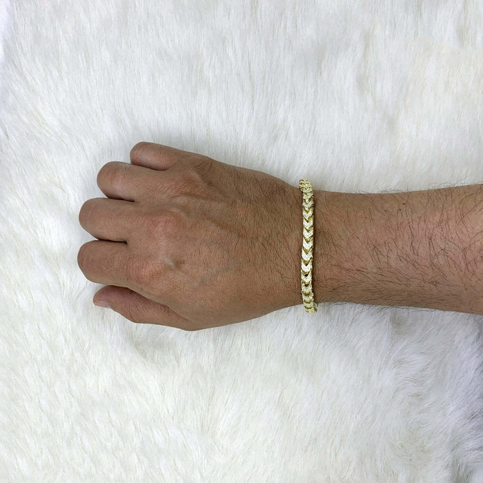 14K Gold Over Sterling Silver Pave Zirconia 6mm Franco Bracelet (Solid Links) 8"-9"