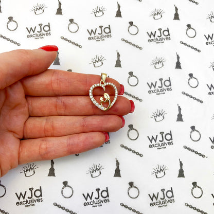 14K Yellow Gold 1CTW CZ Mother Infant Open Heart Charm Pendant 1"