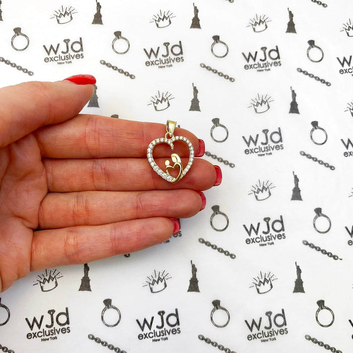 14K Yellow Gold 1CTW CZ Mother Infant Open Heart Pendant 1"