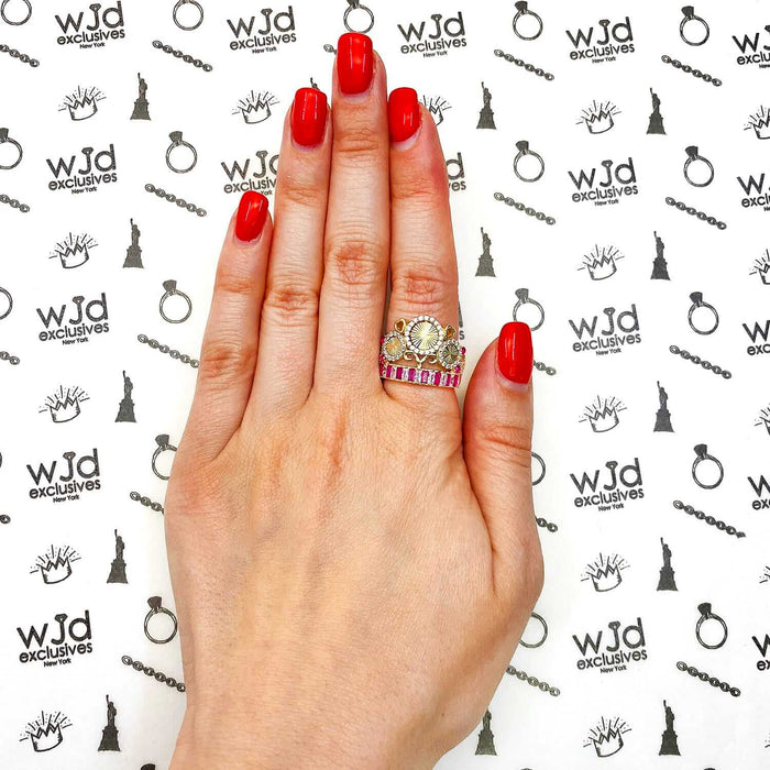 14K Yellow Gold 1.5CTW CZ & Ruby Royal Crown Round Cocktail Ring