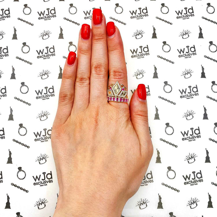 14K Yellow Gold 1.25CTW CZ Ruby Royal Crown Rhombus Cocktail Ring