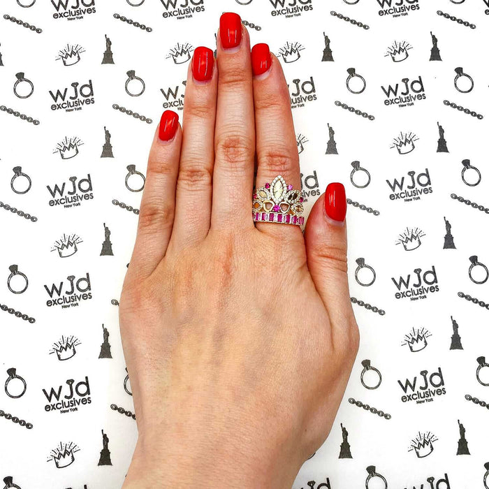 14K Yellow Gold 1.75CTW CZ & Ruby Royal Crown Heart Cocktail Ring