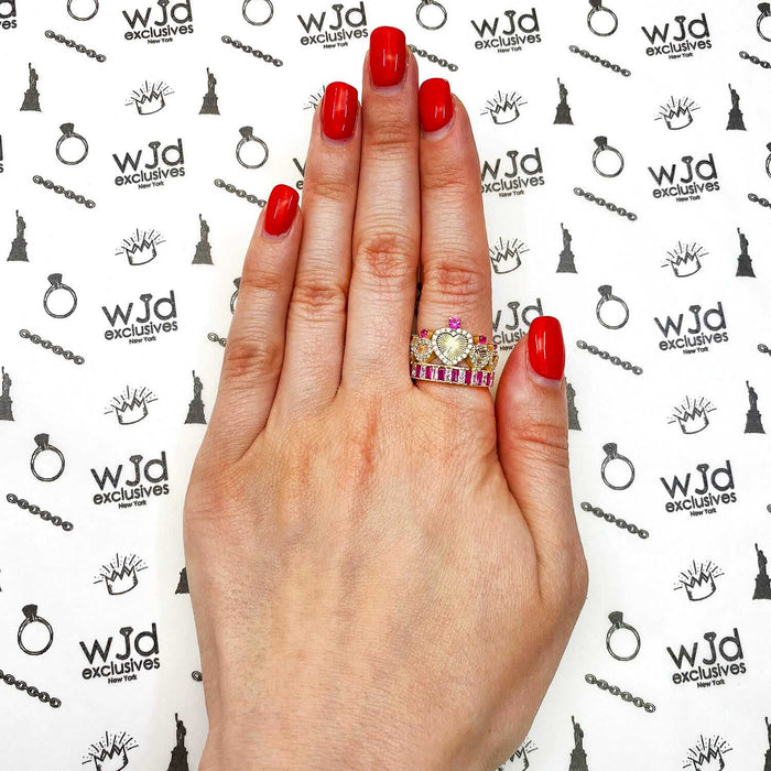 14K Yellow Gold 1.40CTW CZ Ruby Royal Crown Hearts Cocktail Ring