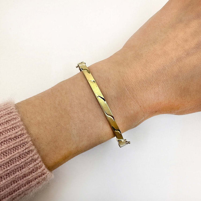 10K Yellow Gold 4mm Diamond - Cut Satin Bangle Bracelet (Hollow) 6.75" - WJD Exclusives