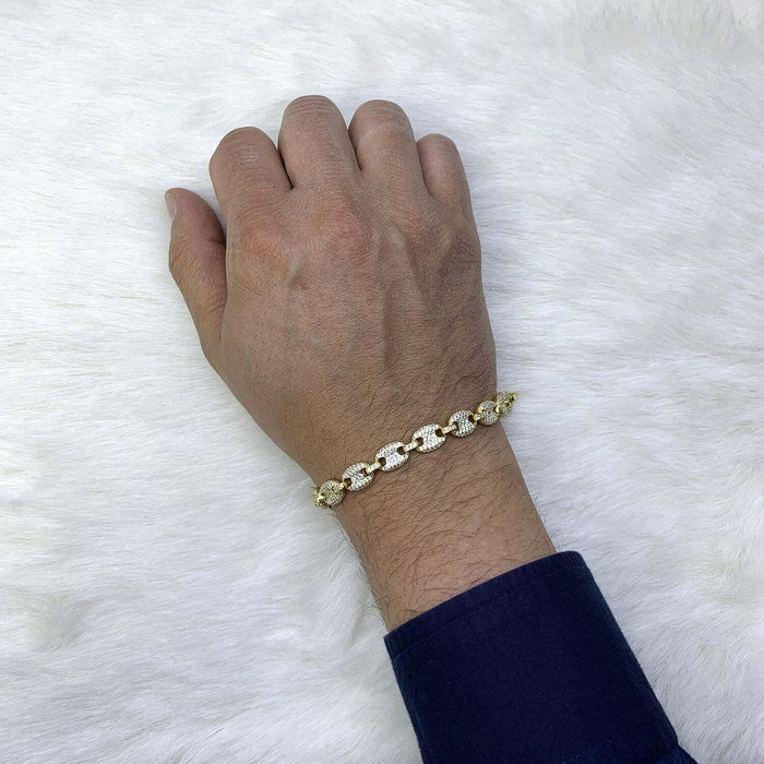 Gold Over Sterling Silver CZ 8mm Puffed Mariner Anchor Bracelet (Hollow) 8"-9"