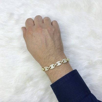 Gold Over Silver CZ 10mm Puffed Mariner Anchor Bracelet 8"-9"
