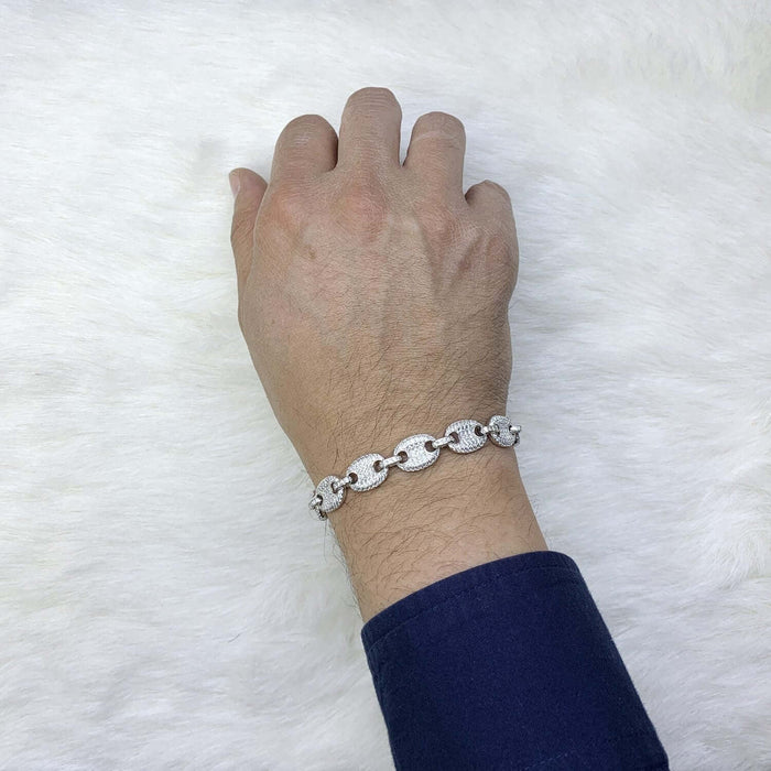 Gold Over Silver CZ 10mm Puffed Mariner Anchor Bracelet (Hollow) 8"-9"