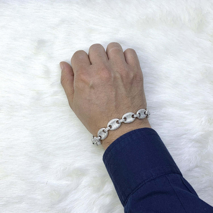 Gold Over Sterling Silver Pave Zirconia 12mm Puffed Mariner Anchor Bracelet (Hollow)