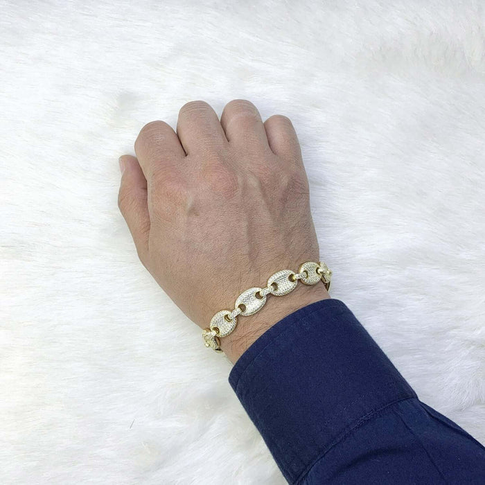 Gold Over Sterling Silver Pave Zirconia 12mm Puffed Mariner Anchor Bracelet (Hollow)