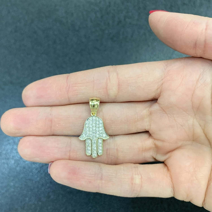 14K Gold 0.50CTW CZ Hamsa Hand Of Fatima Pendant 1"