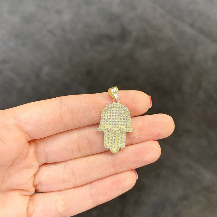 2.50Ct CZ Hamsa Hand Of Fatima 10k Yellow Gold Pendant 1.2"