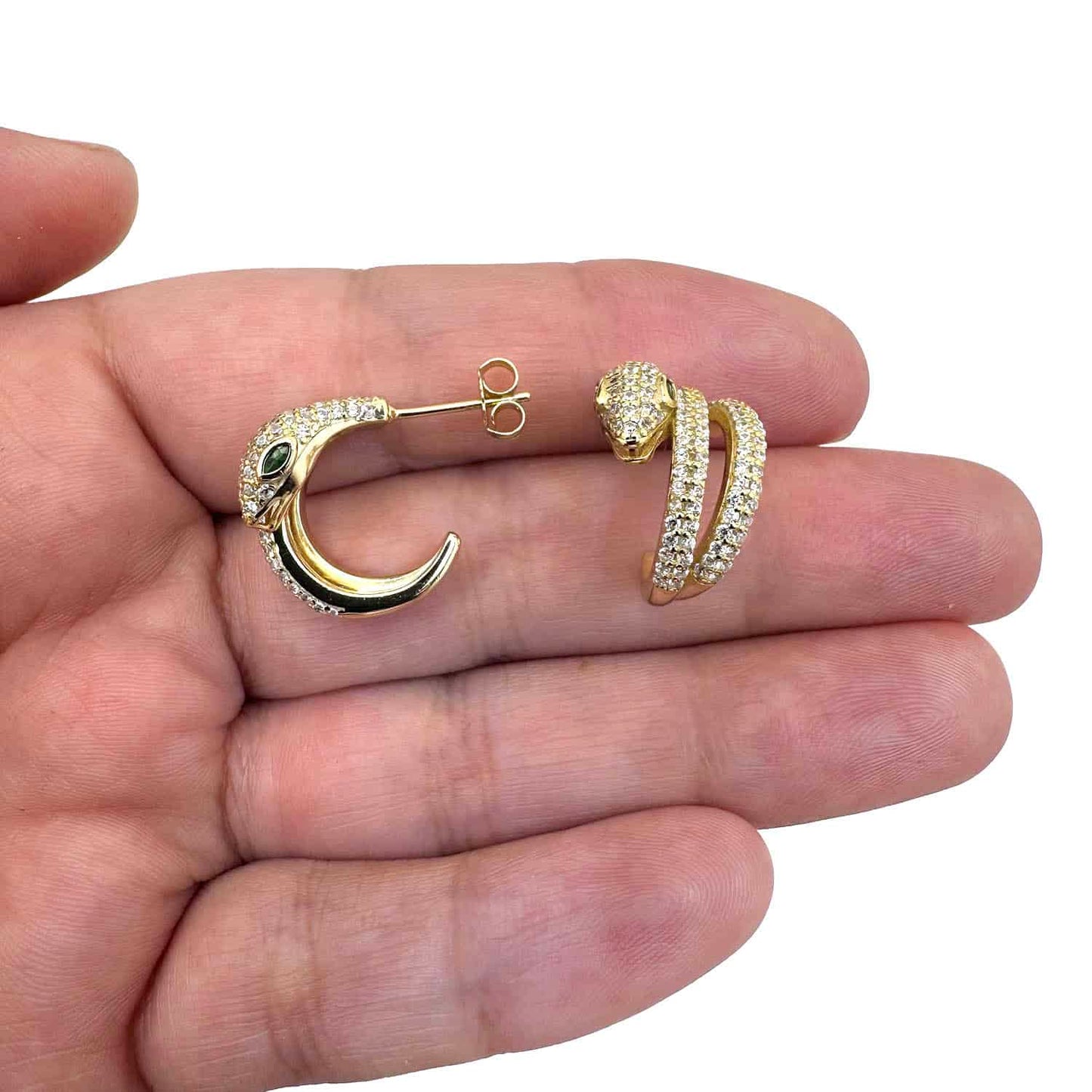 18K Gold Over Sterling Silver CZ and Green Emerald Eyes Snake Hoop Earrings