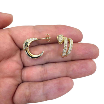 18K Gold Over Sterling Silver CZ and Green Emerald Eyes Snake Hoop Earrings