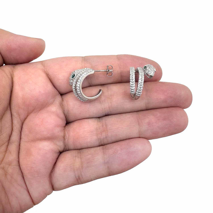 18K Gold Over Sterling Silver CZ and Green Emerald Eyes Snake Hoop Earrings - WJD Exclusives